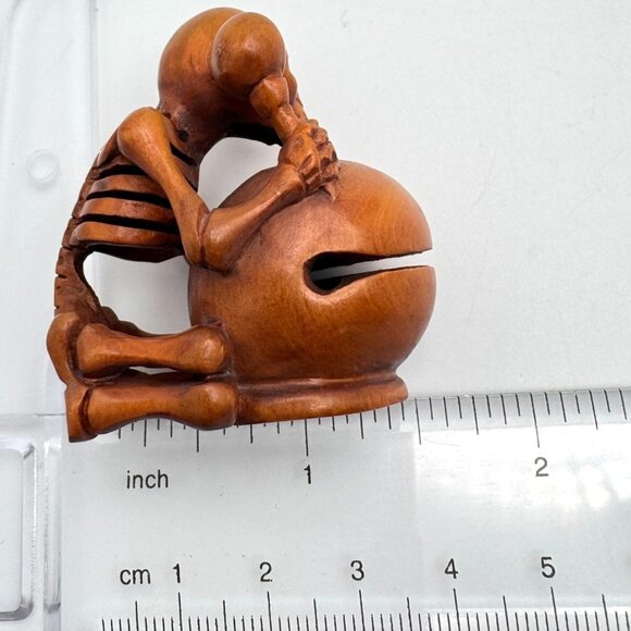 Netsuke Large Skeleton Playing Drum Hardwood Carving Sculpture Japanese Vintage - Picture 3 of 11